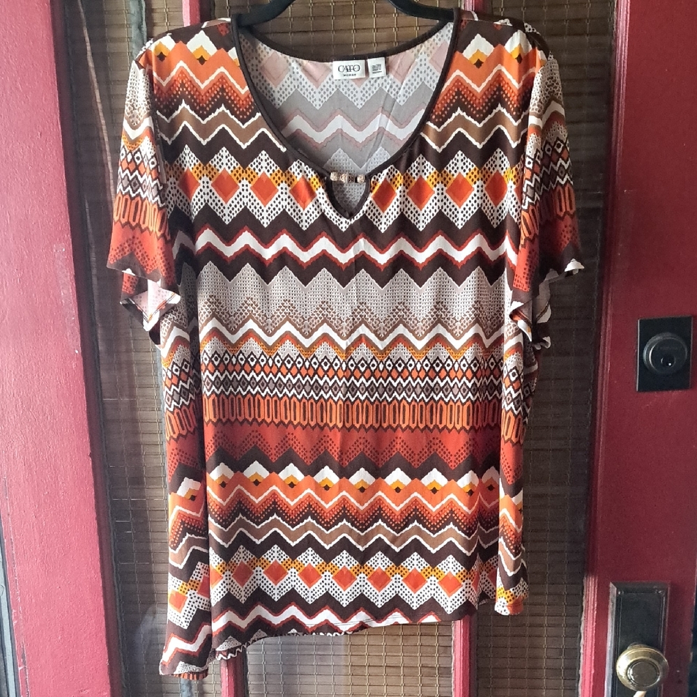 Cato Orange Brown Graphic Short Sleeve Blouse